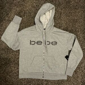 BEBE SPORT 1X RHINESTONE ZIP UP HOODIE HEATHER GREY